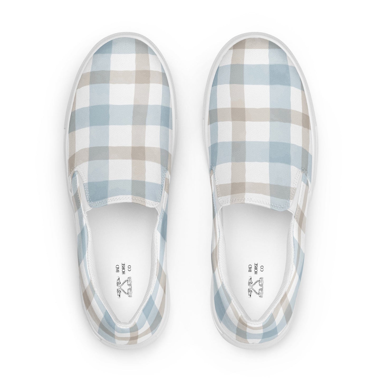 Blue and Beige Plaid - Women’s slip - on sneakers - canvas shoes - casual footwear - shoes - Bad Horse