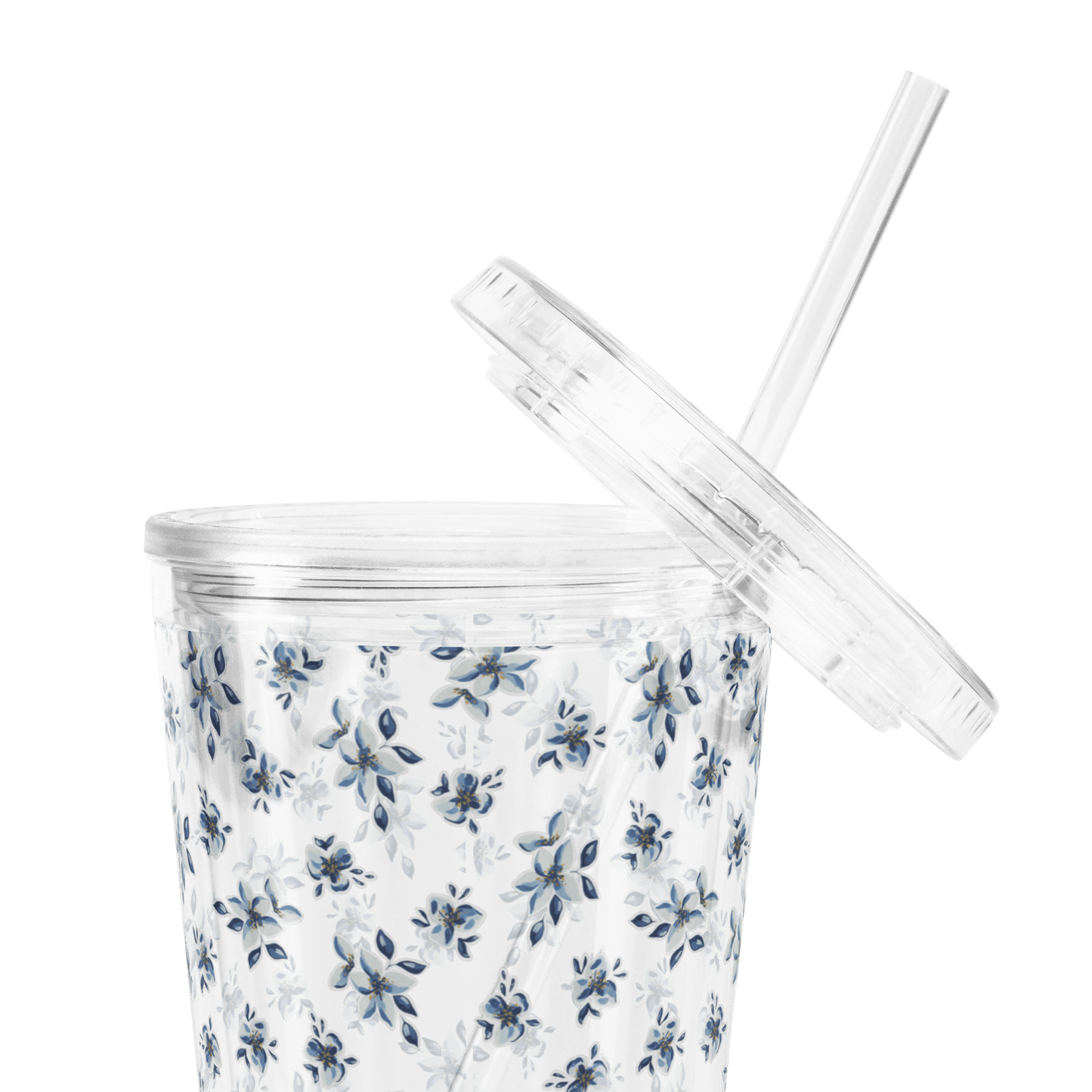 Blue Floral - Clear Insulated Tumbler w/Straw - cups - drinkware - reusable drinkware - Bad Horse