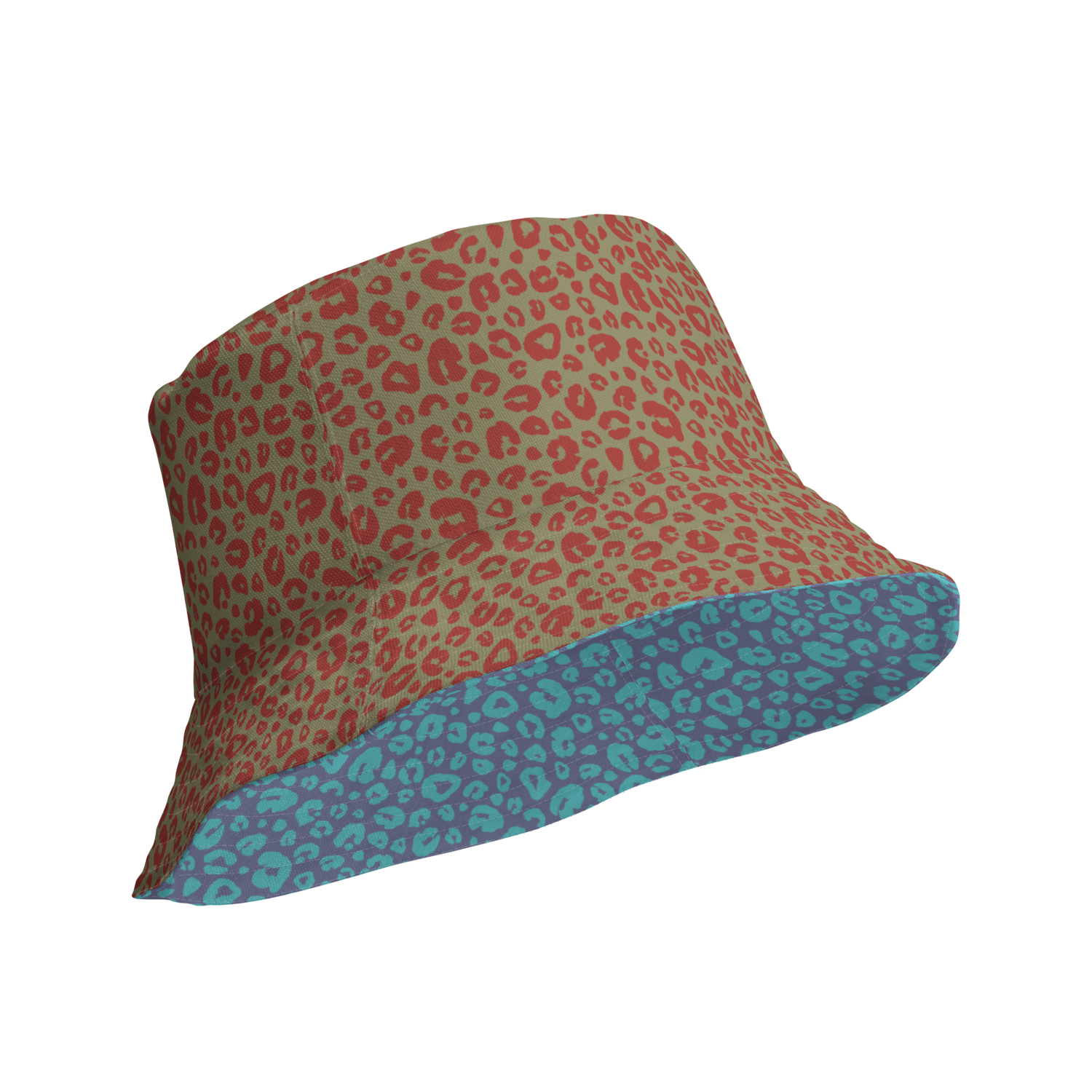 bucket hat with white background and multicolored graphic shapes.  Inside is same colorful shapes covering with a green background