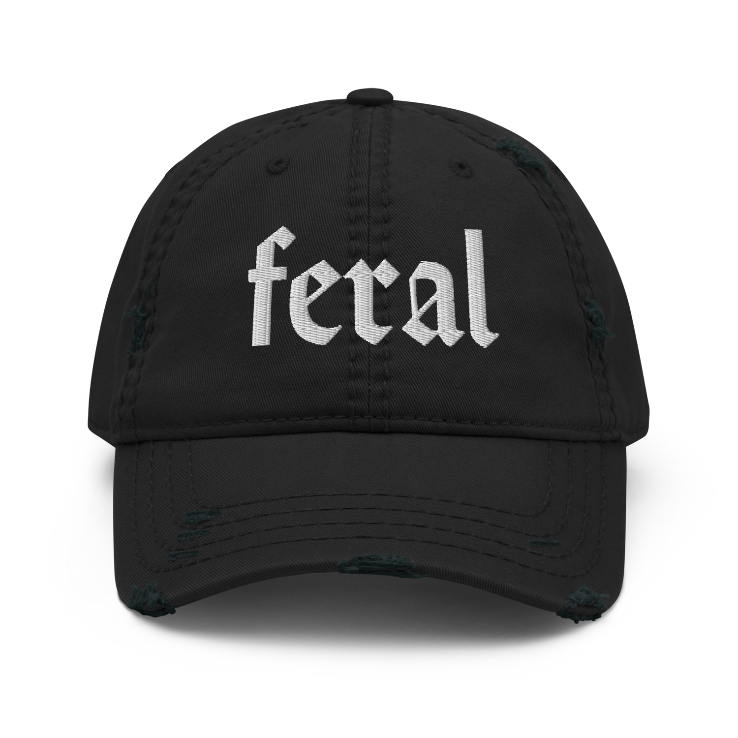 grey distressed cotton peaked ball cap with the work Feral embroidered on front