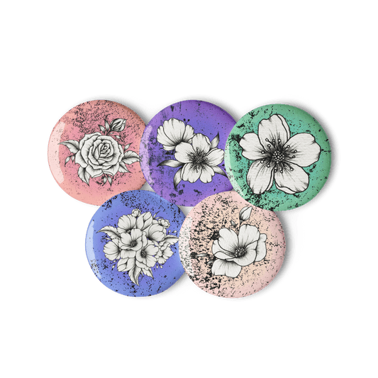 Blooms in Ink - Set of 5 Pin Buttons - accessories - buttons - decorative pins - Numbskullz