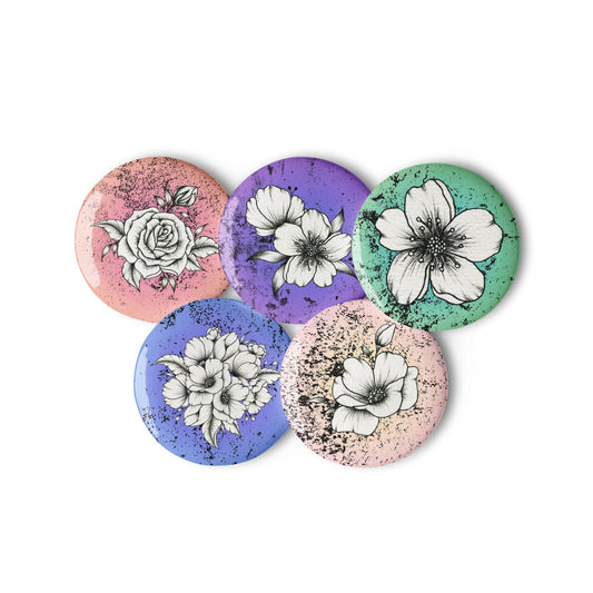 Blooms in Ink - Set of 5 Pin Buttons - accessories - buttons - decorative pins - Numbskullz