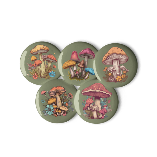 Mushrooms - Set of 5 Pin Buttons - accessories - buttons - decorative pins - Numbskullz
