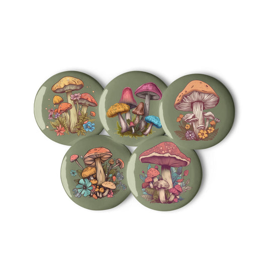 Mushrooms - Set of 5 Pin Buttons - accessories - buttons - decorative pins - Numbskullz